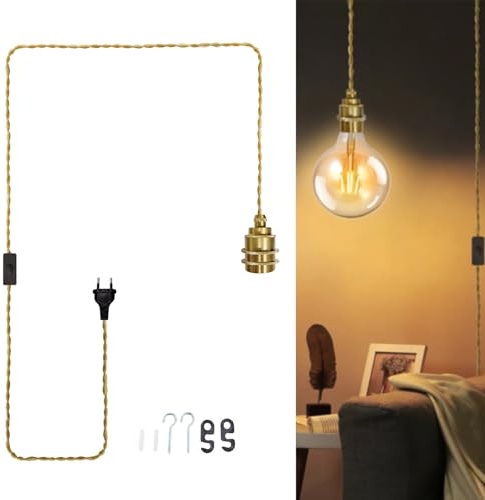 JZCDR Gold Hängelampe mit Stecker E27 Lampenfassung mit 3,5m Kabel | Lampe Seil mit Fassung Metall Keramik Pendelleuchte mit Textilkabel Vintage DIY für Küche Schlafzimmer