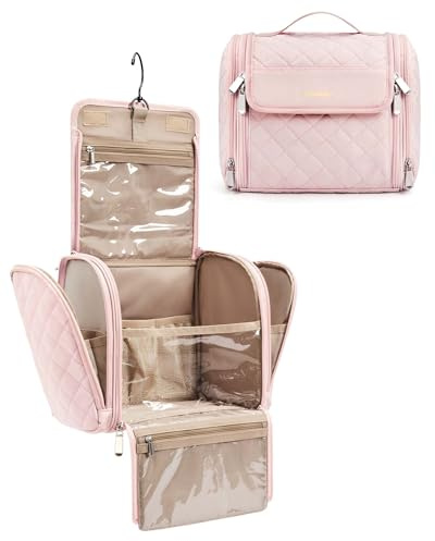 BAGSMART Hanging Toiletry Bag Large Makeup Bag for Women Travel Wash Bag, Portable Cosmetic Case with Handle,Travel Essentials Organiser for Full Size Cosmetics & Toiletries, Pink