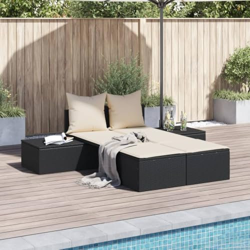 Xichuzi Doppel-Sonnenliege mit Kissen Schwarz Poly Rattan, Gartenliege, Liegestuhl, Sonnenstuhl, Sonneninsel Outdoor, Liegen, Gartenmöbel, Bäderliege, Relaxliege - 368389
