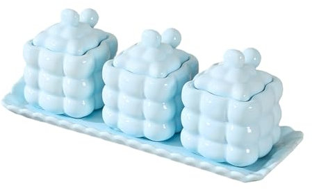 Dowbom Lot de 3 sucriers avec couvercle et cuillère - 350 ml - Bleu