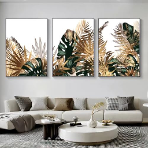 XBTYKPB Tropische Pflanzen Leinwandgemälde Poster Wohnkultur Blattgold Blumen Wandkunst Drucke Abstrakte Wohnzimmer Zimmer Dekor Bilder 60x90cmx3 Rahmenlos