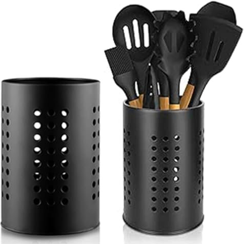 UQMIQURA 2 Pièces Porte-ustensiles de Cuisine, Porte-couverts en acier inoxydable noir, Panier à couverts pour organiser les ustensiles de cuisine Rangement pot ustensile