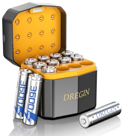 Dregin Wiederaufladbar Lithium Akkus AA 12-Pack mit Ladegerät, 1,5V 3600mWh Hohe Kapazität AA Batterien, 2000 Zyklen Lang anhaltende mit Charing Aufbewahrungsbox(Silber)