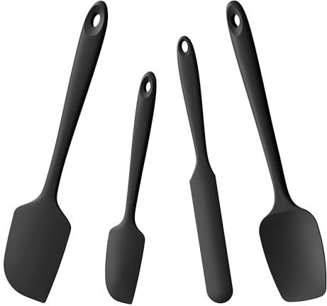 Doosu Silicone Kitchen Spatulas, 315℃ Heat Resistant, 4 Pc, Black | Food Grade Rubber Bowl Scraper, High Temp Safe, Soft Spoon Utensil, Non-Scratch Non-Stick for Cooking Baking Mixing Scraping