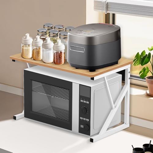 HUOLE Scaffale Cucina Salvaspazio, Espandibile Mensola Microonde, Mobile Cucina Salvaspazio Scaffale a 2 Livelli, adatto per Forni a Microonde, Utensili da Cucina -54 * 35 * 34,5 cm-giallo noce
