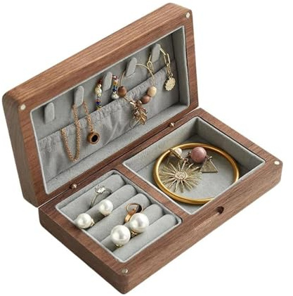 WAZUBC Scatola Portagioie in Legno di Noce, Organizer per Gioielli in Velluto con Coperchio Leggera Portatile per Anelli Orecchini Collane (grigio)