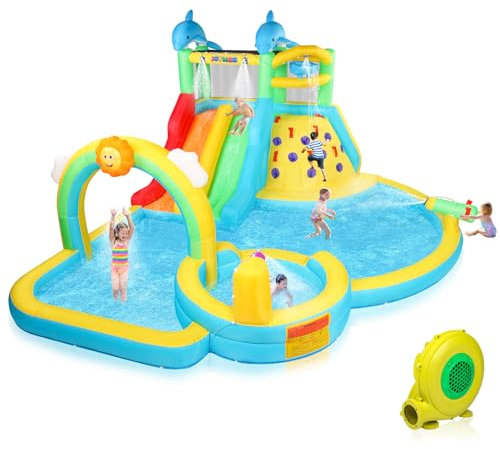 (2026 New) JOYMOR Inflatable Water Slide Bounce House w/Water Bucket, Climbing Wall, Pool, Rainbow Sprinklers, 1min Blow Up Water Slide 10-in-1 for Kids w/Strong Blower, Carrying Bag