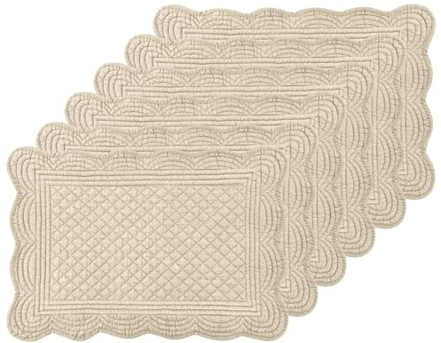 6 PC Quilted Placemats, 18X13Extra Large Cotton Placemats Set of 6, 100% Cotton Fabric Washable Cloth Table Mats for Kitchen & Dining Table - Soft &Easy Clean(Flax, Rectangular)