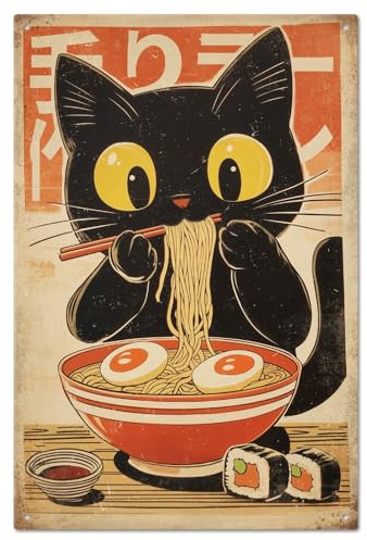 GLOBLELAND Plaque en Métal avec Chat Ramen Japonais Vintage 12x8 pouces Décoration Murale Amusante pour Maison Ferme Bar Café Club