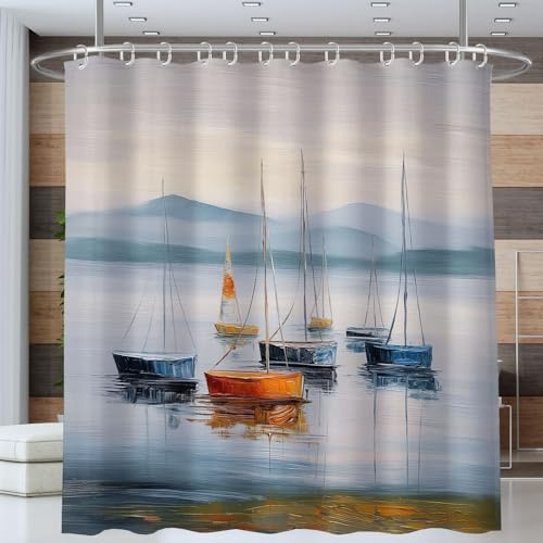 Duschvorhang 180x180cm,Hellblau Shower Curtains Mit 12 Haken, Meer Segelboot Badezimmer Vorhänge Anti Schimmel Waschbar Wasserdicht, Minimalismus Ölgemälde Duschvorhänge Polyester Stoff für Badewanne