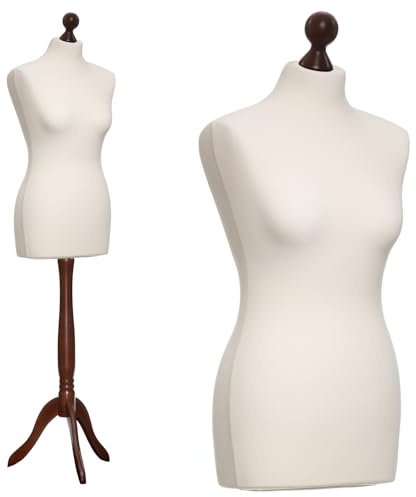 DummyDoll Schneiderpuppe weiblich Größe 34/36, Überzug Creme/Ecru, Holzdreibein Nuss
