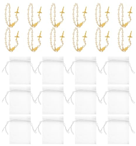 IMIKEYA Pulsera de Bautizo con Rosario Mini Cuentas y Cruz Diseño Religioso con Luna Llena Color Oro Sintético Tamaño 7X9 CM Pack de 12 Unidades para Comunión Bodas y