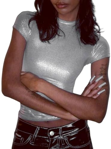 Metallic Oberteil Damen Metallische T-Shirt Top Kurzarm Silber Einfarbig Rundhals Glänzend Tanzclub T-Shirt Fasching Party Clubwear Performance Kostüm Faschingskostüm Karneval Disco Outfit