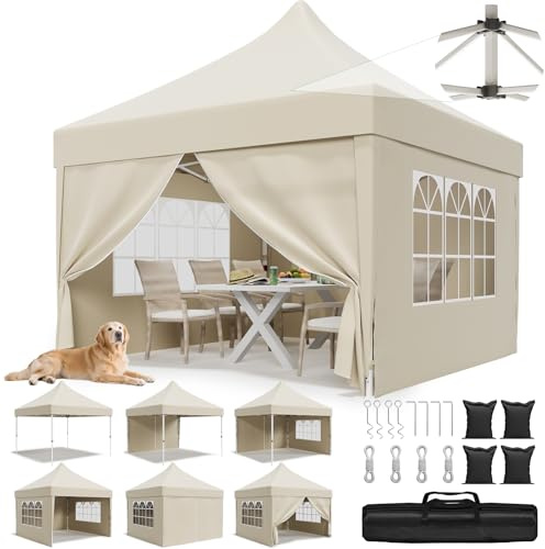 JUMMICO Tonnelle 3x3 Pliante avec 10cm de Hauteur Intérieure Supplémentaire｜Toile Oxford Imperméable, Robuste et Durable｜Tente de Fête Élégante, Idéale pour Jardin, Camping et Plus Encore Beige