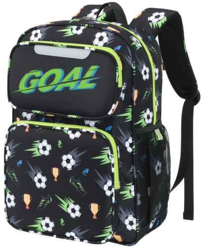 Bagseri School Bag for Boys 8-12 Years - Rucksack for Primary School | 17 School Kids Backpack, Boys Bag Fits A4 File & 14 Laptop, Insulated Front Pocket, Chest Strap & Whistle, Black Football