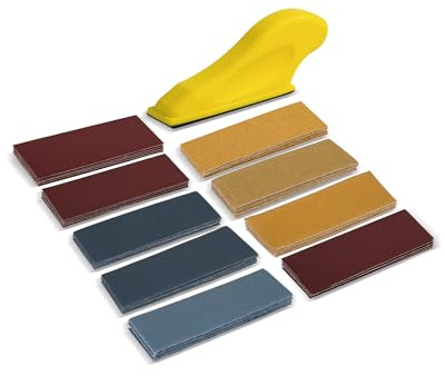 Mini Detail Sanding Kit 9 x 3cm Wet and Dry Sandpaper with Hand Sanding Block, 45Pcs Sand Paper 80 to 2000 Grit Sanding Pads for Wood Filler, Car Body Filler, Metal and Crafts