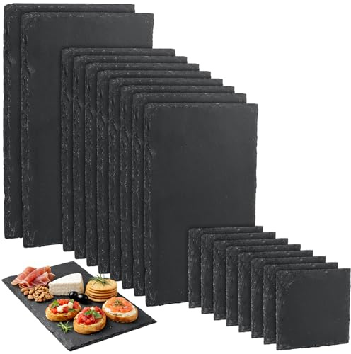 RWFMO 18 Pcs Slate Serving Platter, 3 Size Black Slate Cheese Board, Rectangular Natural Slate Place Mat Charcuterie Boards for Sushi Appetizer Meat Gift