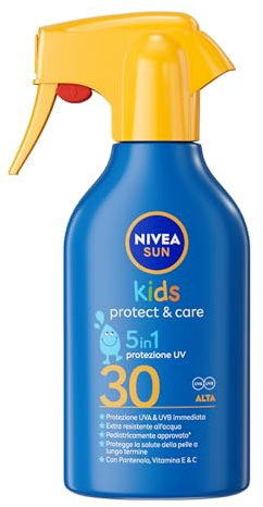 NIVEA SUN Kids Spray Protect & Care SPF 30 250 ml, Crema solare 30 bambini 3+ anni, Protezione solare 30 bambini spray extra resistente all'acqua e al sudore con Pantenolo, Vitamina C & E