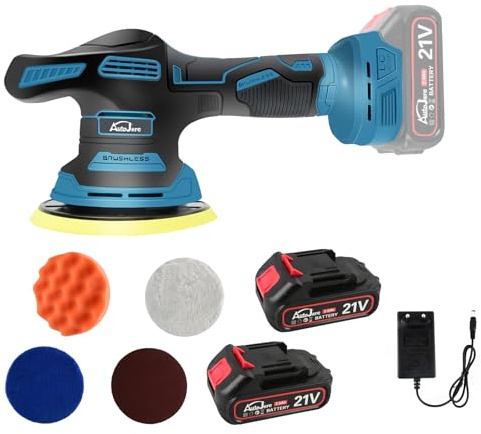 AUTOJARE Akku Poliermaschine Auto 8 Geschwindigkeiten Exzenterpolierer | 6 Zoll, mit 4pcs Auto Poliermaschinen Set, 2x 2000mAh Akku für Autodetailing, Wachsen, Polieren