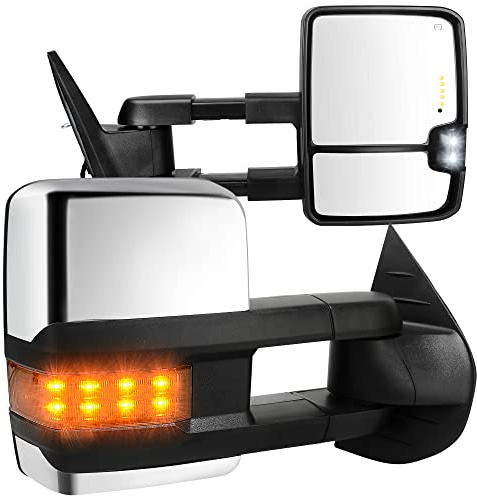 AUTOSAVER88 Towing Mirrors Compatible with Chevy GMC 2007-2013 Silverado Sierra (07 for New Body ONLY) with Turn Signal Spot Indicator Power Heated Exterior Automotive Outside Assembly Set Chrome