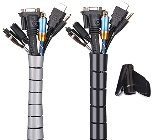 Cache Cable 2 Pack, Flexible Range Câble Mosotech 2x1.5M PE Câble Rangement Organisateur de Câble pour Ranger ou Cacher les câbles, Gaine pour câbles (2.6cm Ø et 2.2cmØ),Noir et Gris