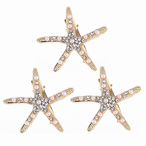 3Pcs Pearl Starfish Rhinestones Hair Clips Mermaid Hair Accessories for Girls & Women Bridal Hair Clips for Weddings Kids Hair Pins for Parties, Photography, Beach Holidays & Festive Occasions
