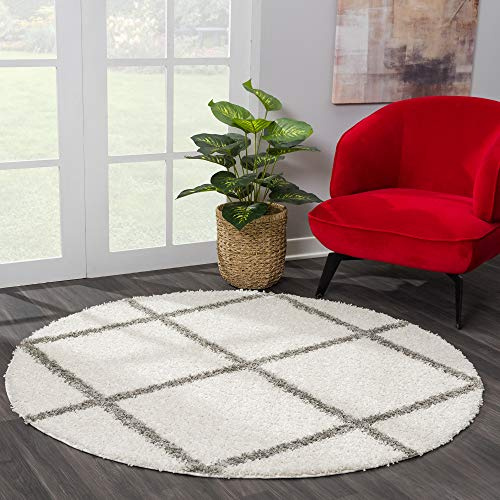 SANAT Madrid Shaggy Teppich Rund - Hochflor Teppiche für Wohnzimmer, Schlafzimmer, Küche - Creme, Größe: 120 cm