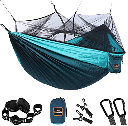 AnorTrek Campinghängmatta med myggnät, dubbla och enkla lätta bärbara hängmattor med trädremmar, fallskärmshängmatta för camping