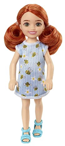 Mattel Barbie Club Chelsea Mini Girl Doll - Red Hair Wearing Bumblebee and Flower-Print Dress and Blue Sandals (HGT04)