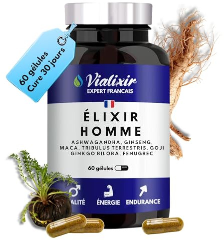 Vitalité & Énergie Homme | Ashwagandha, Maca, Ginseng Panax, Tribulus, Fenugrec | Endurance & Tonus | 60 Gélules | 100% Végétal | Fabriqué en France – Vialixir