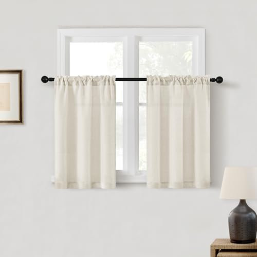 DUKIYO Natural Linen Curtains for Kitchen Window 30 Inches Long Farmhouse Dual Rod Pocket Semi Sheer Privacy Light Filtering Boho Cream Short Curtains 30 Inch Length for Small Window Cafe RV W25xL30