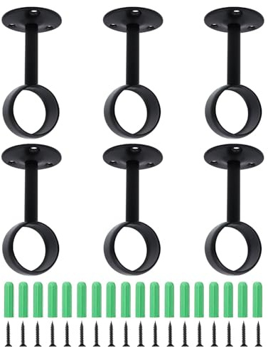 Shonmogar Curtain Rod Bracket 6 Pack Metal Curtain Rod Holders with Screws,Ceiling Mount Curtain Rod Brackets for 1-1/4 Inches Rod Sturdy Black Curtain Rod Brackets for Home Porch Patio