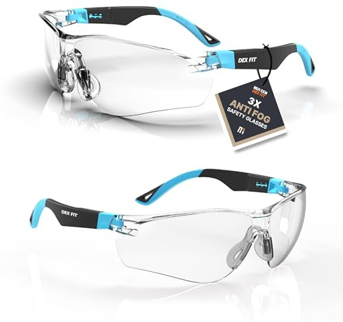 DEX FIT Schutzbrille Arbeitsschutzbrille SG210, Z87 Augenschutz Schutzbrille, 3x Beschlag- und Kratzfest, Verstellbar für Damen und Herren, UV Brille (Schwarzer und Blauer Rahmen, Klare Gläser)