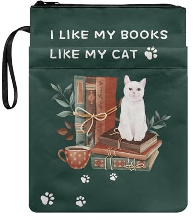 STUOARTE Buchhülle mit Katzen- und Bücher-Aufdruck mit Reißverschluss und Fronttasche, für Taschenbuch, 29,5 x 22,6 cm, Buchhülle für Buchliebhaber, I Like My Books, Like My Cat