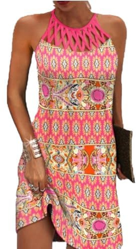 GRMLRPT Vestidos para Mujer sin Mangas Boho Vestido de Verano Estilo étnico Elegante Malla Impresa Vestidos Retro Cuello Halter Vestido de Ocio Vestidos de Playa Mujeres(Multicolor-1,S-XXL)