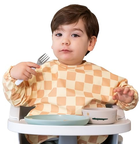 TINY WOLFIE - Babero impermeable con mangas para bebé. Ideal BLW. Tacto Suave y Agradable. Manga larga. Para niños y niñas de 6 a 36 meses. Fácil limpieza en lavadora (Damero - Mostaza)