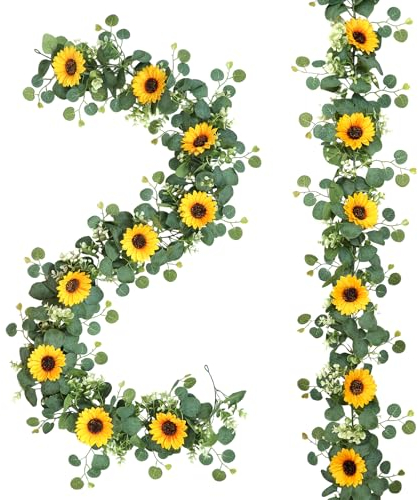 DEMIUKO 2 Stück Künstliche Sonnenblumen Girlande 2M Herbstgirlande Blumengirlande Eukalyptus Deko Kunstblumen Hängepflanzen Herbst Blumen Girlande für Hause Hochzeit Balkon Garten Party Außen Deko