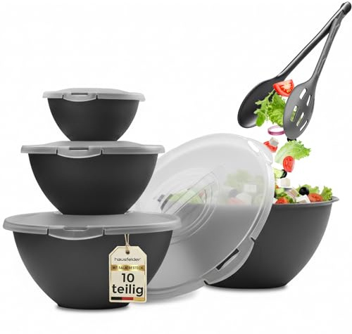 Hausfelder Salatschüssel Set 10-tlg, 0,7/1,9/3,6/6 l, Anthrazit | Salatschüssel mit Deckel groß 6L Set, BPA-frei Camping Salatschüssel anthrazit schwarz, stapelbar spülmaschinenfest