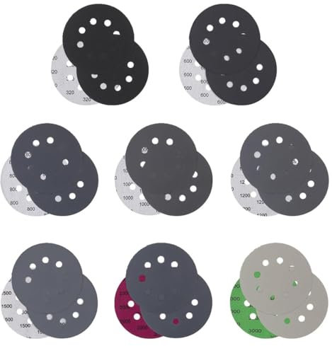 24 pezzi carta vetrata per levigatrice,8 fori, dischi abrasivi asciutti bagnati, dischi abrasivi 125mm velcro, grana 320/600/800/1000/1200/1500/2000/3000,per auto, metallo, legno
