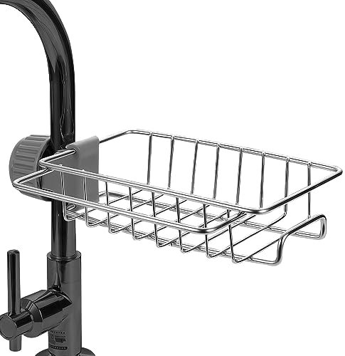 Stainless Steel Sponge Holder for Kitchen Sink Faucet Organizer - Rust-Resistant Kitchen Sink Sponge Holder Around Faucet 360° Rotating Design 7.0 x 5.4 x 1.69 Easy Installation for 0.78-0.98 Pipes