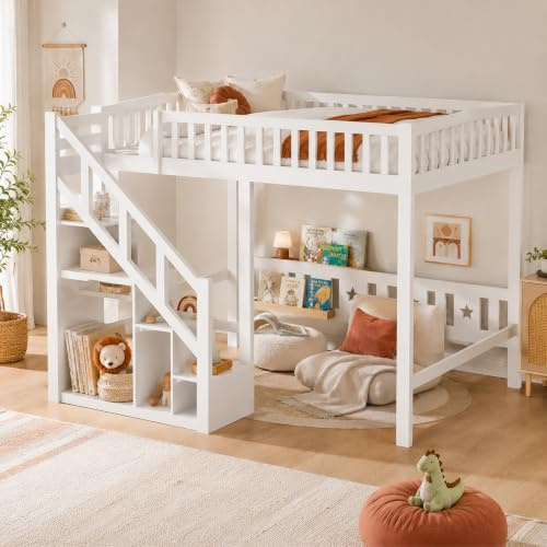 DULRLLY Litera para niños de 140 x 200, cama alta con escalera y armario de almacenamiento, cama funcional para 2 niños, color blanco