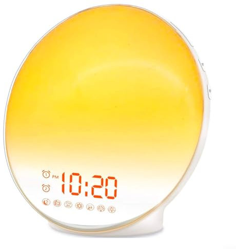 Sonnenaufgangswecker mit Dual-Alarmen, FM-Radio, 15 Farben, Nachtlicht mit Sonnenaufgangssimulation und 8 natürlichen Klängen für Schlafzimmer