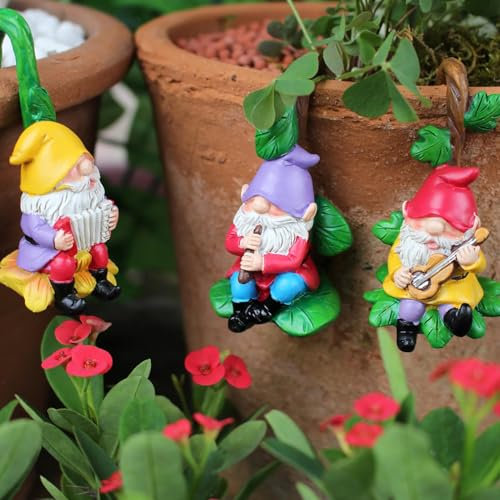 AiQiMinHao Miniatur Gartenzwerge Blumentopf Deko Anhänger, 3 Stück Kletterzwergfiguren, hängende Zwergenstatue aus Kunstharz, Außendekoration, Zaunornamente für Terrasse, Rasen, Garten, Hof（Musik）