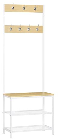 WOLTU Garderobenständer, Kleiderständer mit Sitzbank, Kleiderstange 3-in-1, Schuhregal mit 7 Doppelhaken 2 Ablagen, für Flur Wohnzimmer, Weiß + Holzoptik, 60 x 170 x 31,5 cm | Schuhregal mit 2 Ebenen, 7 Doppelhaken, für Flur, Eingangsbereich, Metall und Holzwerkstoff, 60 x 31,5 x 170 cm