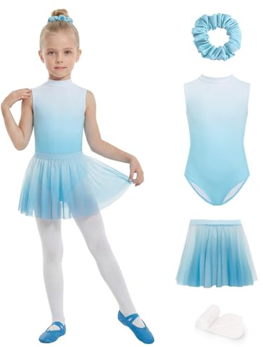 JiAmy Ballettkleider für Kinder Ärmellose Ballettkleidung Mädchen Tanzbekleidung Balletttrikot mit Rock Tütü Ballett Strumpfhose 140, Blau