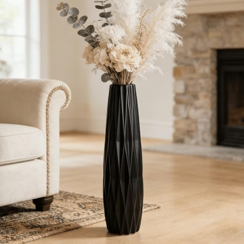JIDOFUE Moderne 60CM Schwarze Keramik Bodenvase,Hoch,24 Dekorative Vase für Pampasgras,Blumen und Trockenblumen,Ideal für Wohnzimmer und Büro