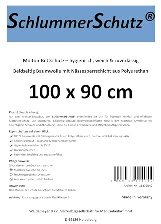 SchlummerSchutz® Molton Matratzenschutz mit Nässesperrschicht, Matratzenschoner aus 100% Baumwolle, Weiß, Waschbar, 100 x 90 cm