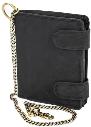 MDM Biker Portefeuille en cuir véritable pour homme avec chaîne, design vintage, protection RFID, nombreux compartiments pour cartes et compartiment à monnaie, Noir , 10.0 X 12.5 X 2.5 Centimeters