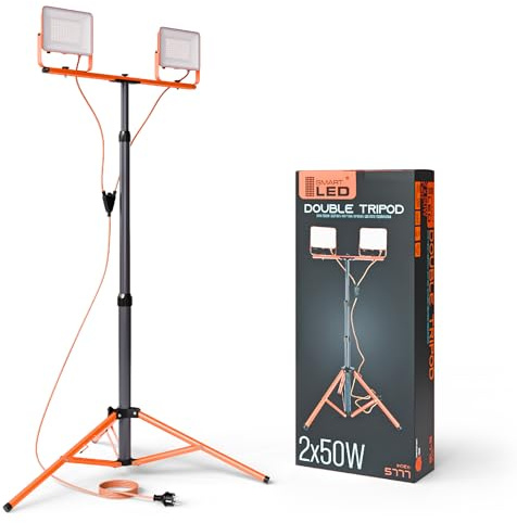 SmartLED Baustrahler Arbeitsstrahler mit Stativ 2x50W, 2x5500 Lumen, Orange, 1,60 m Einstellbar Teleskopisch, 360° Grad Drehung, 180 cm Kabel, IP65