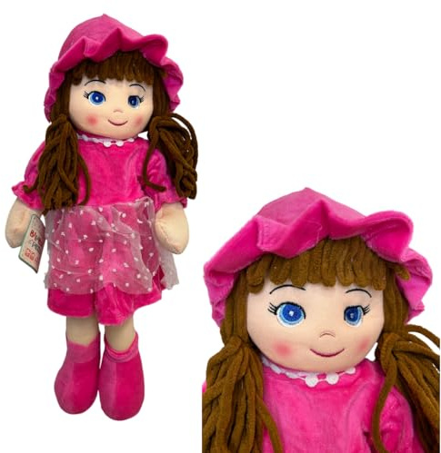 Generico Bambola di Pezza Grande cm 40 in Stoffa Bambole di Stoffa Bambola con Trecce Vestitino Cappellino Lily Morbida e Sicura Bambole con Trecce in Lana,Colori Assortiti Colore Casuale